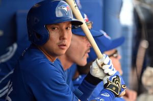 DUNEDIN, FL - MARCH 18:  Munenori Kawasaki #66 of the Toronto Blue Jays loosens up in the dugout during a spring training game against the Tampa Bay Rays at Florida Auto Exchange Stadium on March 18, 2015 in Dunedin, Florida.  (Photo by Stacy Revere/Getty Images)