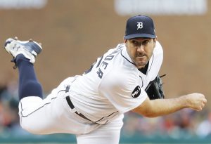 Detroit Tigers pitcher Justin Verlander throws against the Texas Rangers in the first inning of a baseball game in Detroit, Saturday, May 20, 2017. (AP Photo/Paul Sancya)
